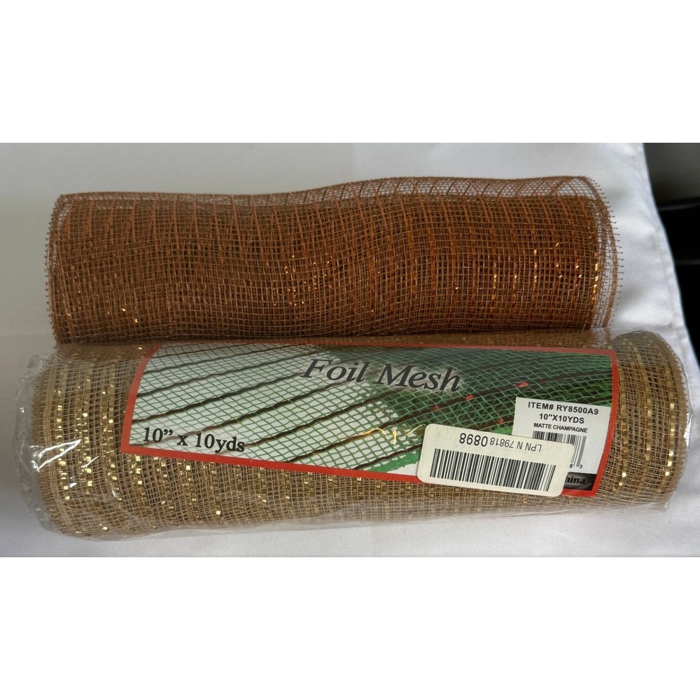 Lot of 2 Foil Mesh 10" x 10yds Matte Champagne Copper Ribbon Wreath Decor DYI